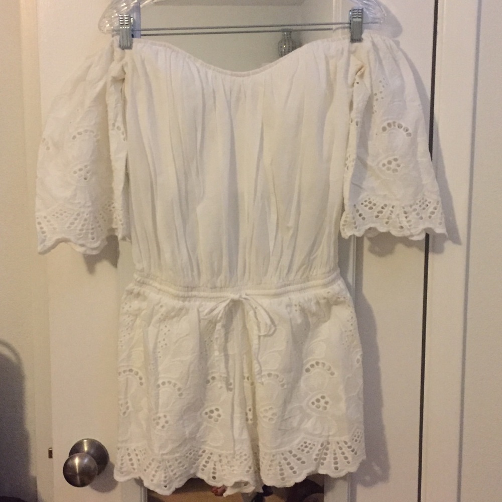 White off-the-shoulder eyelet romper